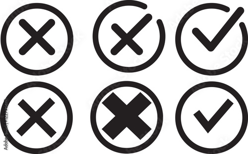 Check Mark and X icons: approval and rejection symbols. Flat and modern check and X mark design in circle, vector illustration.