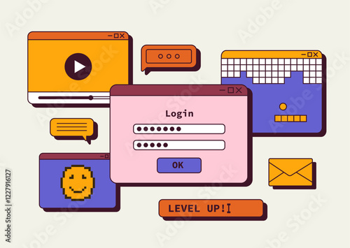 Retro-style digital interface elements, including login forms, chats, videos, and icons, in bold, colorful shapes on a light background. Concept of UI design. Vector illustration