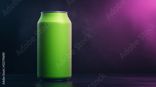  A lime-green energy drink can with a bold, futuristic design, featuring sharp graphics and eye-catching details. The can stands out against a vibrant neon-lit urban backdrop, creating a dynamic contr photo