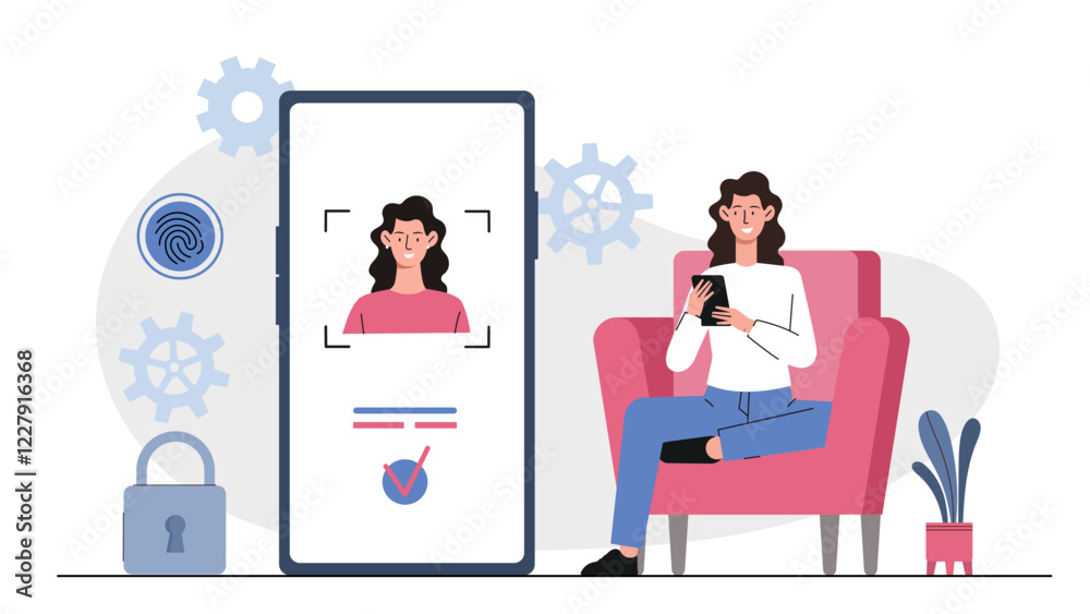 Woman using facial recognition on a smartphone, large device screen with a, fingerprint icon, and lock icon, light background. Vector illustration Woman using facial recognition on a smartphone, large device screen with a, fingerprint icon, and lock icon, light background. Vector illustration