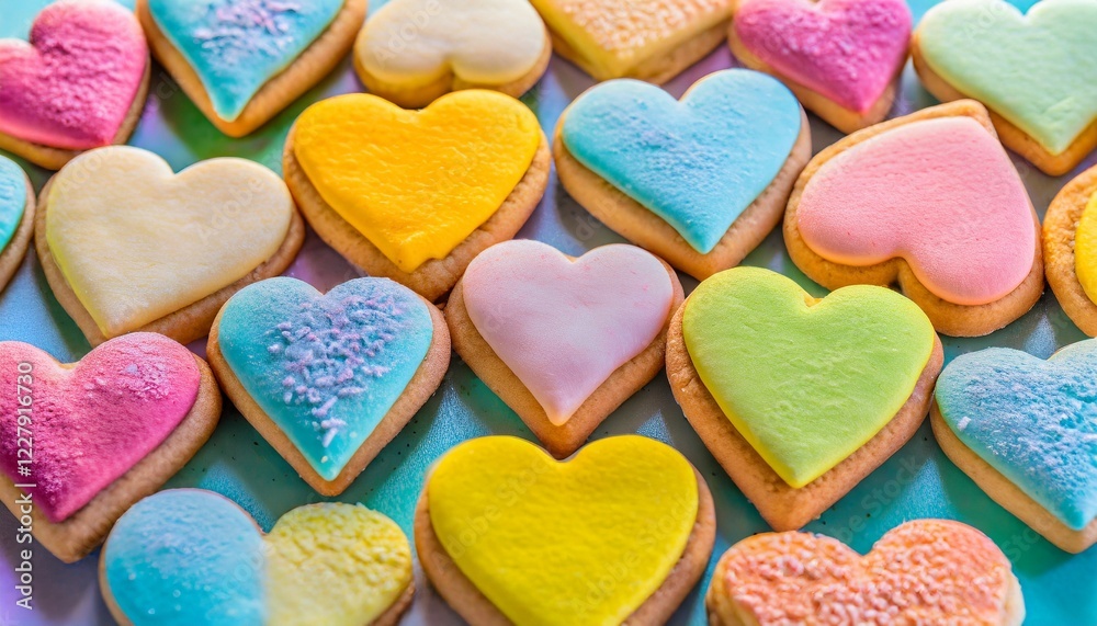 Obraz premium Heart-shaped colorful sweet cookies in pastel shades