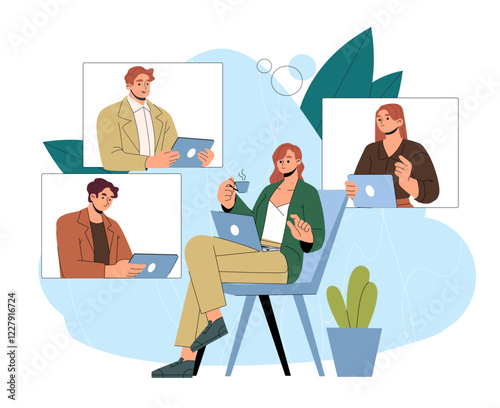 Illustration of professionals in a virtual meeting setup, communicating via laptops. Flat design with plants and abstract background. Collaboration concept. Vector illustration.