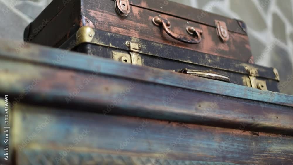 Two old suitcases stacked high, perfect for travel or storage. Two old suitcases stacked high, perfect for travel or storage.