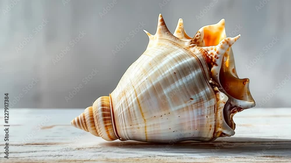Large conch shell with intricate patterns rests on a weathered wooden surface in soft light