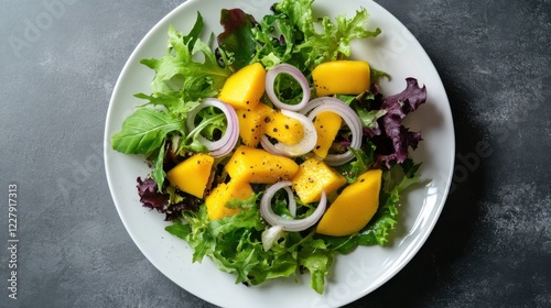 A fresh and vibrant mango salad with mixed greens, thinly sliced onions, and a light vinaigrette