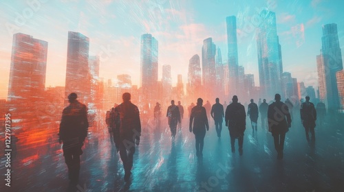 An ethereal overlay of workers in holographic form superimposed on a cityscape of skyscrapers their blurred outlines portraying uncertainty and loss of security.