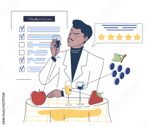 Illustration of a man evaluating wine with a checklist, star ratings, and various fruits on a table. Minimalist style on a white background. Concept of quality. Vector illustration.
