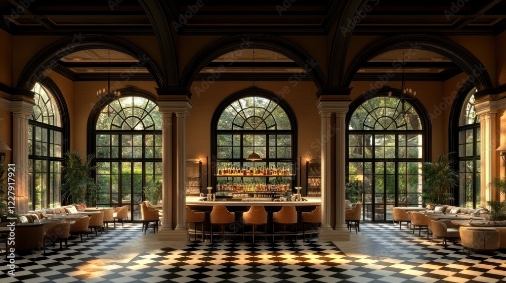 Fototapeta premium Luxurious hotel bar, arched windows, sunlight, garden view, hospitality
