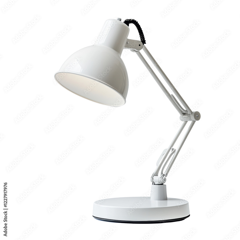 The image shows a white adjustable desk lamp with a broad shade providing focused illumination against a black background. The image shows a white adjustable desk lamp with a broad shade providing focused illumination against a black background.
