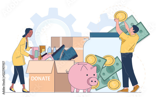 A woman organizing donation items and a man adding money to a jar. Piggy bank and cash in the foreground. Flat style on white background. Charity concept. Vector illustration