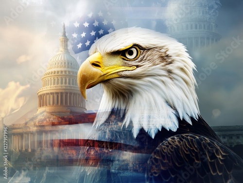 an eagle in front of the U.S. Capitol building with a double-exposure effect, showing the American flag and a bald eagle's head looking at the camera Generative AI