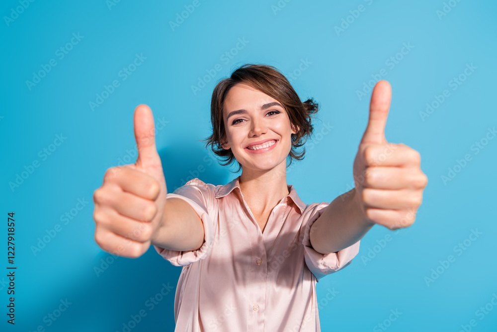Cheerful young woman expressing positivity with thumbs up gesture against blue background Cheerful young woman expressing positivity with thumbs up gesture against blue background