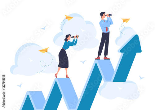 Two businesspeople on an upward arrow chart using binoculars, symbolizing strategy and growth. Blue and white background with paper planes and clouds. Vector illustration