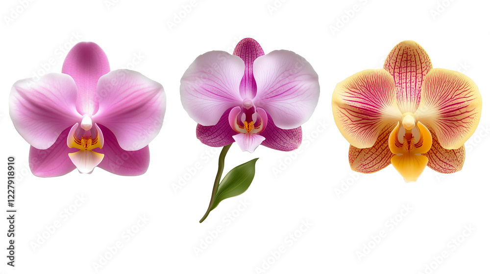Obraz premium Set of elegant orchid flowers on transparent png background for botanical illustrations, floral design, and nature-themed digital art projects