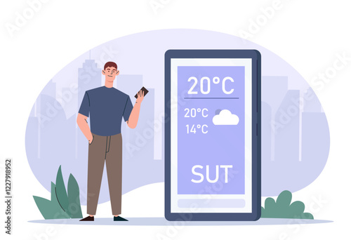 Illustration of a man checking his smartphone near a large digital weather display showing temperature and cloudy weather. Modern flat vector design. Vector illustration.