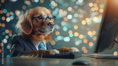 golden retriever in business attire, wearing glasses, sits at desk typing on keyboard. background features bokeh effect with soft, colorful lights, creating professional yet whimsical atmosphere
