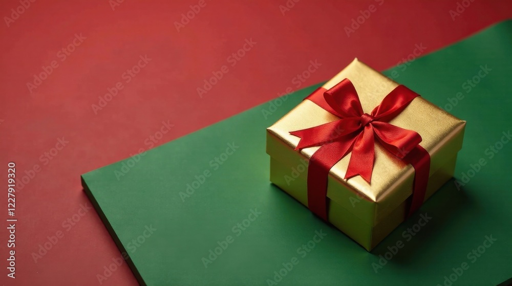A Golden Gift Box with a Red Ribbon on a Festive Green and Red Surface A Golden Gift Box with a Red Ribbon on a Festive Green and Red Surface