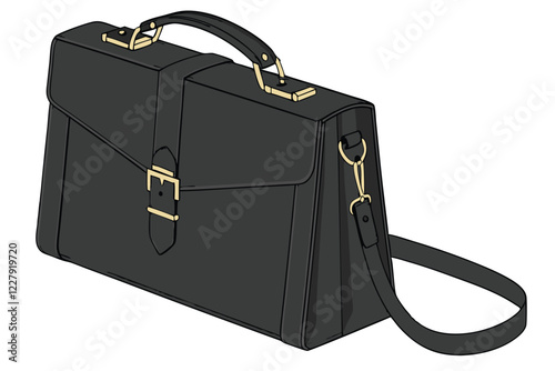 Sleek black leather briefcase, gold hardware, minimalist design, professional accessory, structured shape, top handle, front clasp closure, polished finish, business attire, luxury item, 3D render, st