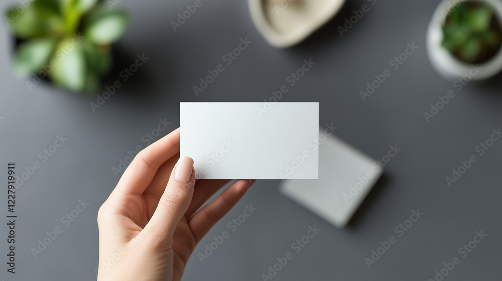 Obraz premium a hand holding a blank business card on a grey desk