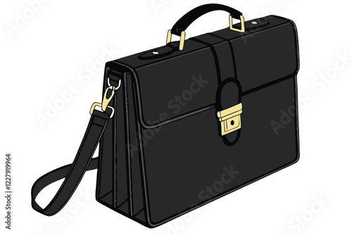 Sleek black leather briefcase, gold hardware, minimalist design, professional accessory, structured shape, top handle, front clasp closure, polished finish, business attire, luxury item, 3D render, st