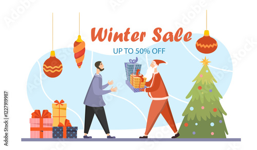 Santa Claus giving presents to a man, surrounded by a Christmas tree, ornaments, and gift boxes on a light background. Winter sale promotion concept. Vector illustration