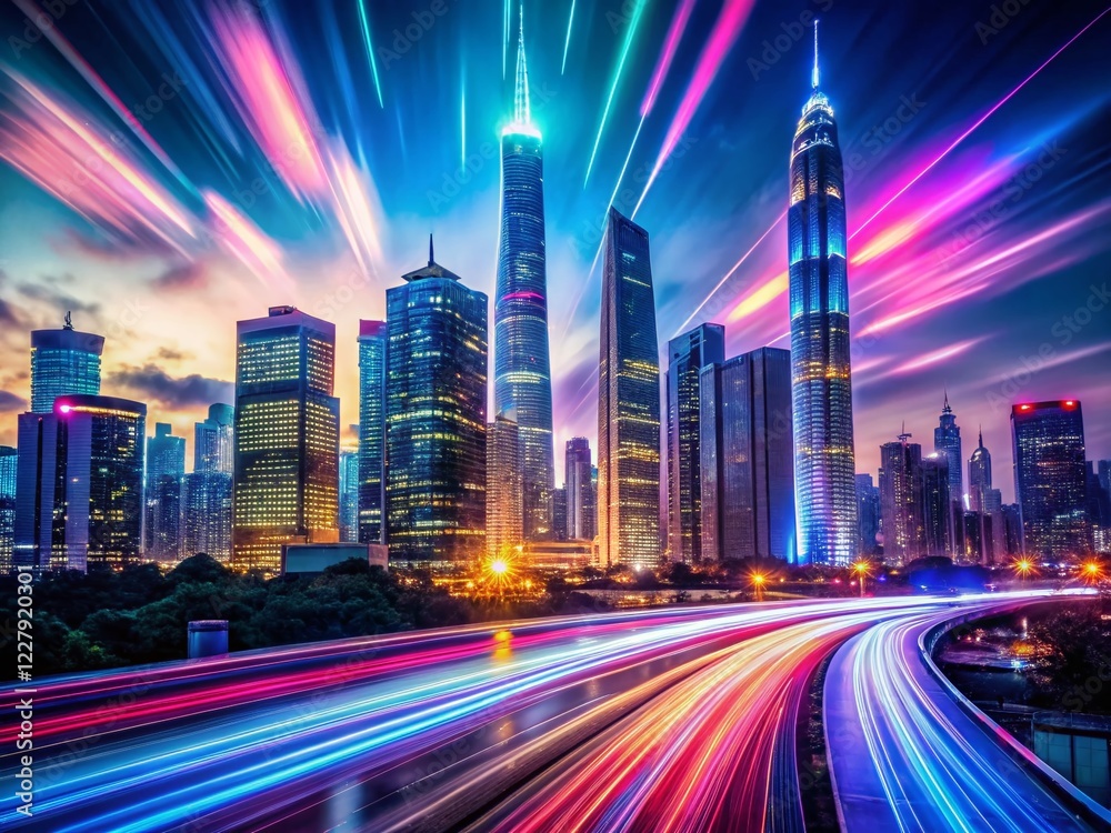 Futuristic Cityscape: Glowing Skyscrapers & Digital Light Streams - Long Exposure Sci-Fi Photography Futuristic Cityscape: Glowing Skyscrapers & Digital Light Streams - Long Exposure Sci-Fi Photography