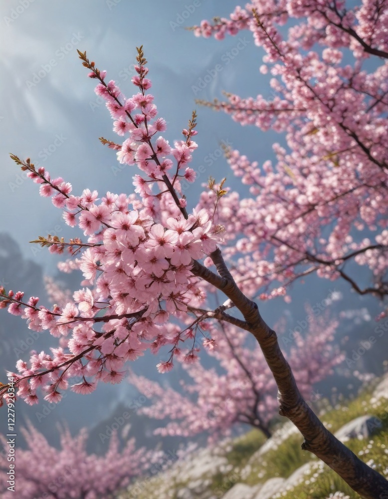 Colorful botanical illustration of blooming cherry blossom tree in spring , trees, flowers Colorful botanical illustration of blooming cherry blossom tree in spring , trees, flowers