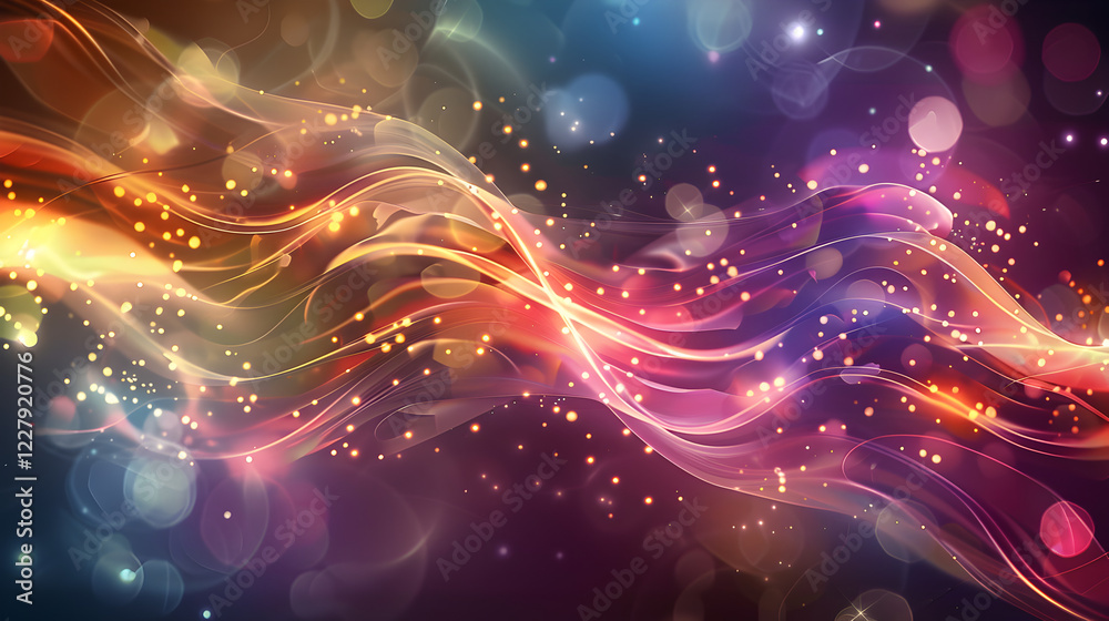 Fototapeta premium A vibrant abstract design with flowing colors and glowing particles, evoking energy and motion.