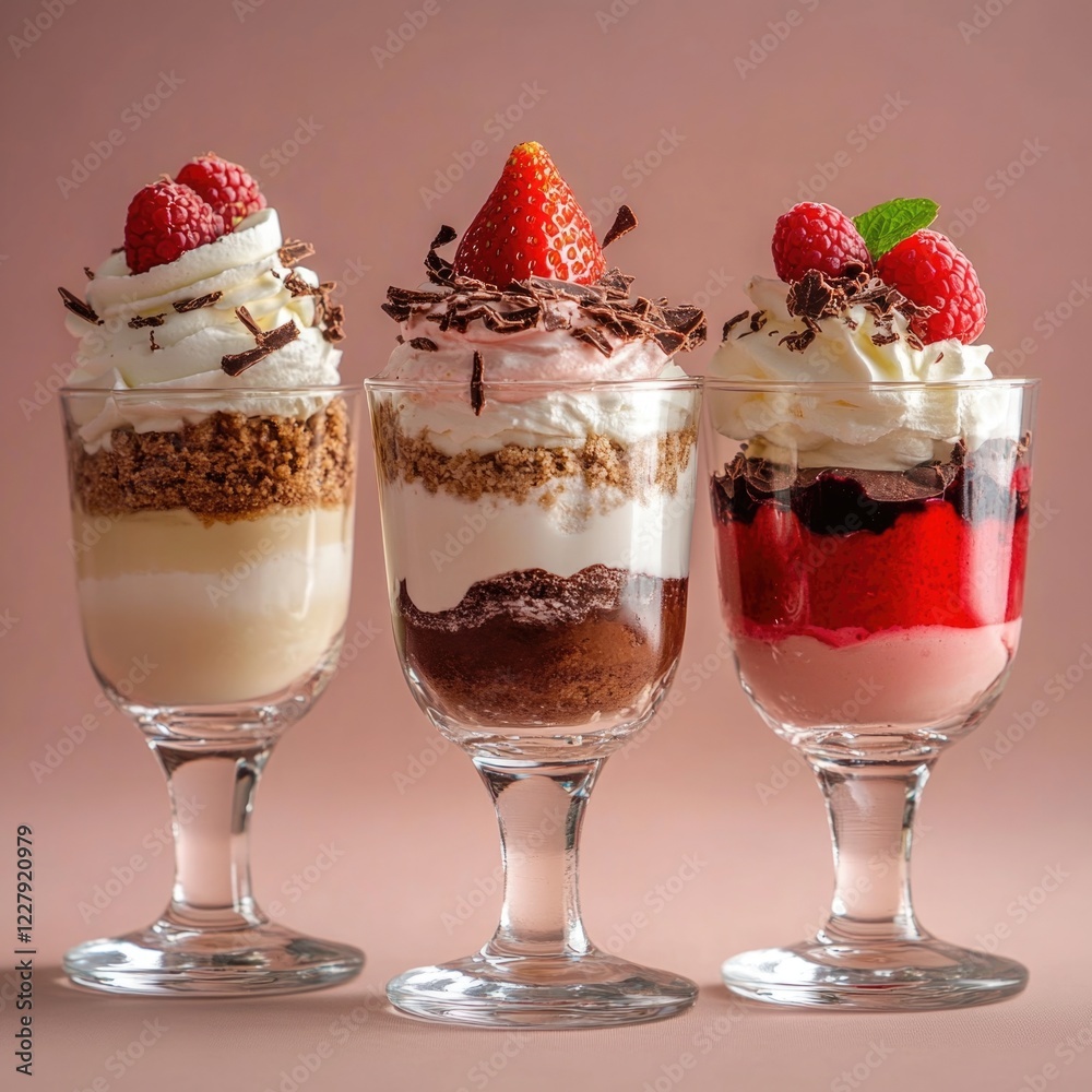 Three Dessert Glasses with Chocolate, Strawberries and Whipped Cream Three Dessert Glasses with Chocolate, Strawberries and Whipped Cream