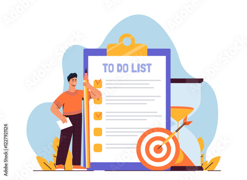 Man holding pencil next to clipboard with to-do list, checkmarks, and a target. Flat style illustration on white background. Productivity concept. Vector illustration.
