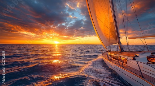 Sailboat on Calm Sea at Vibrant Sunset for Adventure and Tranquility – Generative AI