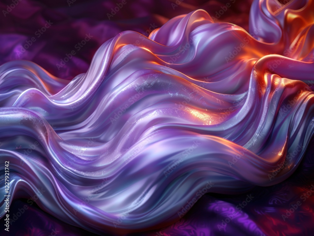 Obraz premium Abstract 3D render of flowing, silky waves in vibrant purple and orange hues, accented by glowing highlights and floating droplets, evoking a dynamic and ethereal atmosphere, generative AI.