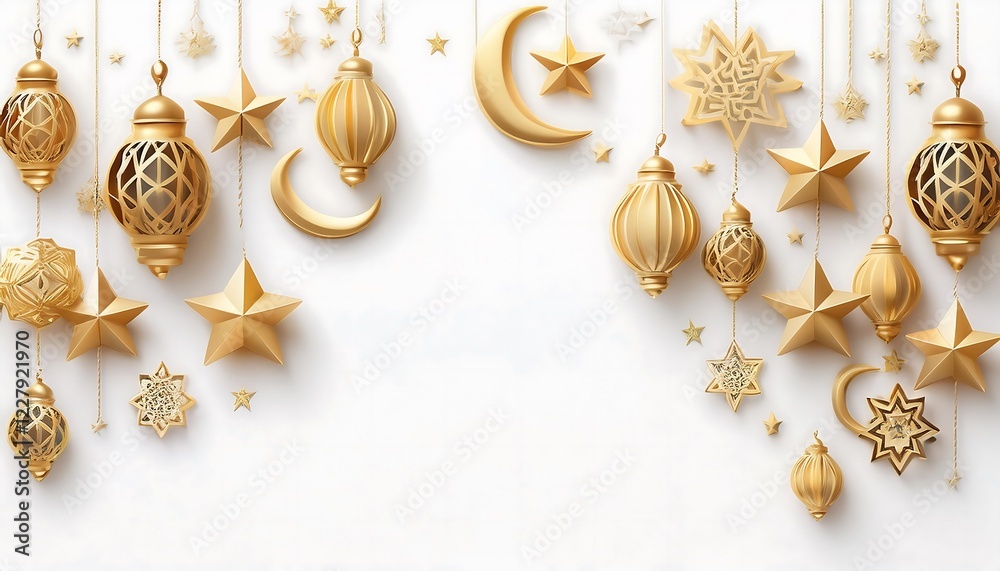 Fototapeta premium Elegant Ramadan Kareem Collection: Crescent Moons, Lanterns, and Islamic Calligraphy