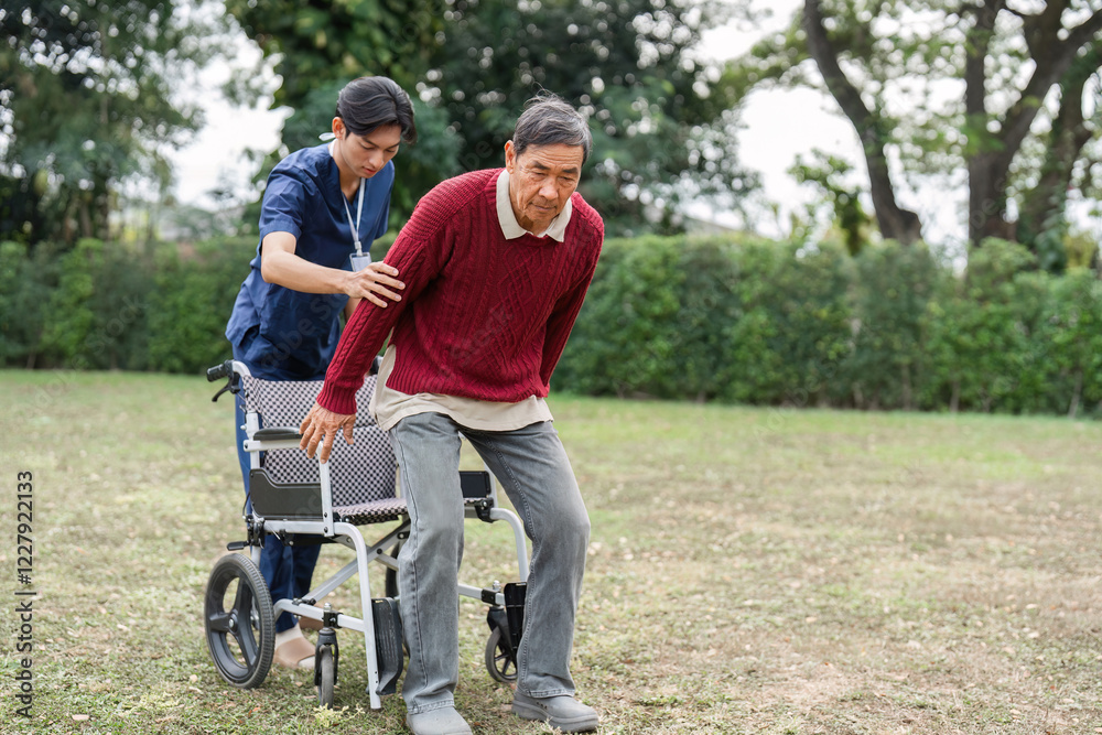 Nursing aide assisting elderly man with mobility in a garden, showcasing compassion and care Nursing aide assisting elderly man with mobility in a garden, showcasing compassion and care