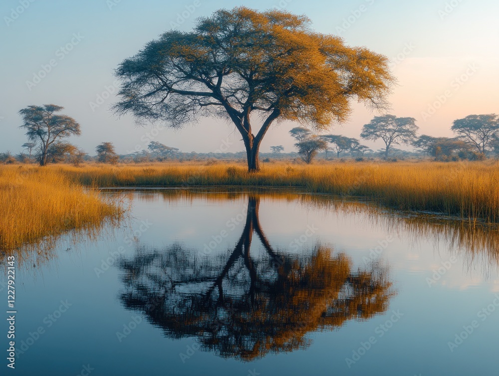 Serene Landscape with Tree Reflection in Pond at Sunrise in the savanna of Africa Serene Landscape with Tree Reflection in Pond at Sunrise in the savanna of Africa