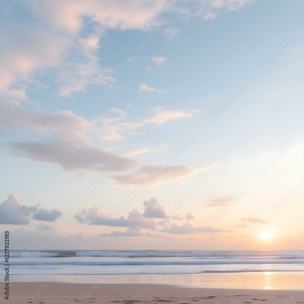 Serene beach sunrise, pastel pink clouds, gentle ocean waves Serene beach sunrise, pastel pink clouds, gentle ocean waves