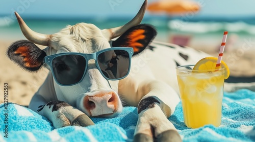 A relaxed cow on vacation wearing sunglasses, lies on a beach towel, beside a glass of lemonade, enjoying the warm sun and ocean breeze