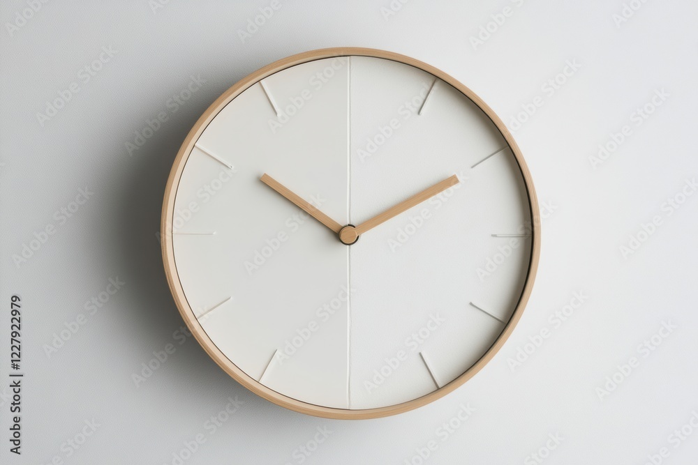 Modern wall clock with minimalist design hanging on light colored wall in a serene indoor environment. Generative AI Modern wall clock with minimalist design hanging on light colored wall in a serene indoor environment. Generative AI