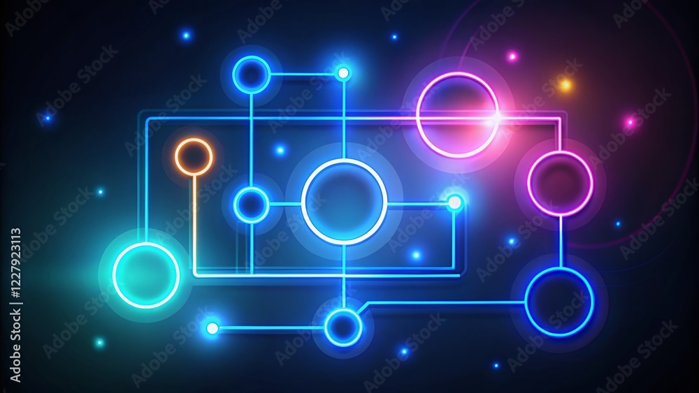Futuristic Sales Strategy Diagram: Glowing Neon Lines & Circles on Dark Blue Background Futuristic Sales Strategy Diagram: Glowing Neon Lines & Circles on Dark Blue Background