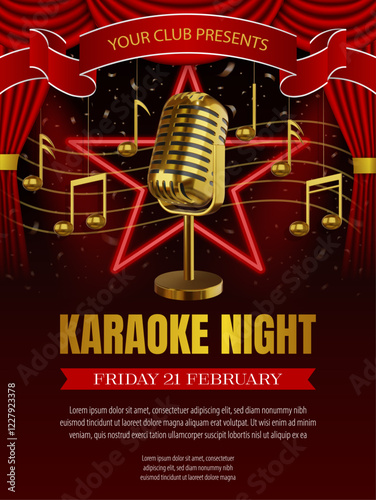 karaoke night flyer with golden vintage mic, gold musical notes and red curtain. karaoke night poster 