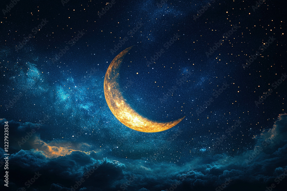 A Vibrant Ramadan Background Featuring A Crescent Moon And Twinkling Stars A Vibrant Ramadan Background Featuring A Crescent Moon And Twinkling Stars