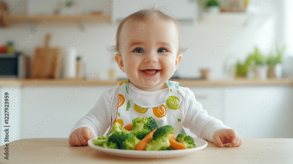 A happy baby sits at a wooden table with a plate full of fresh vegetables, showcasing a joyful expression in a sunny kitchen space A happy baby sits at a wooden table with a plate full of fresh vegetables, showcasing a joyful expression in a sunny kitchen space