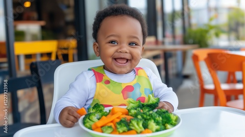 Joyful black baby sitting in high chair, savoring a vibrant bowl of broccoli and carrots while smiling at the camera in a bright cafe setting