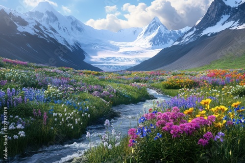 Fototapeta Naklejka Na Ścianę i Meble -  A tranquil alpine meadow with colorful wildflowers and a glacial stream winding toward the distant snowy mountains