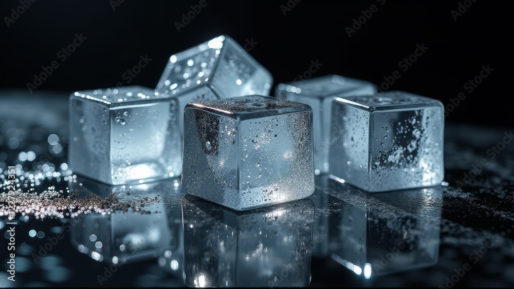 Fresh ice cubes melting on a dark reflective marble surface with water droplets Fresh ice cubes melting on a dark reflective marble surface with water droplets
