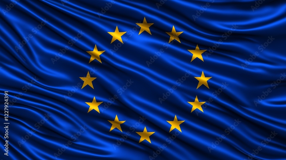 A flag featuring blue and yellow stars representing the European Union is seen waving gently, symbolizing unity and cooperation among nations