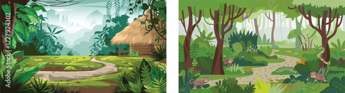 Two  colorful illustration of a Tropical rainforest scene, Background of a cartoon jungle.