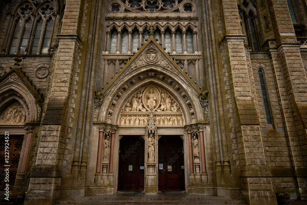 Obraz premium A detailed view of the ornate entrance to St. Colman's Cathedral in Cobh, Ireland, highlighting its elaborate stone carvings, statues, and Gothic architectural elements