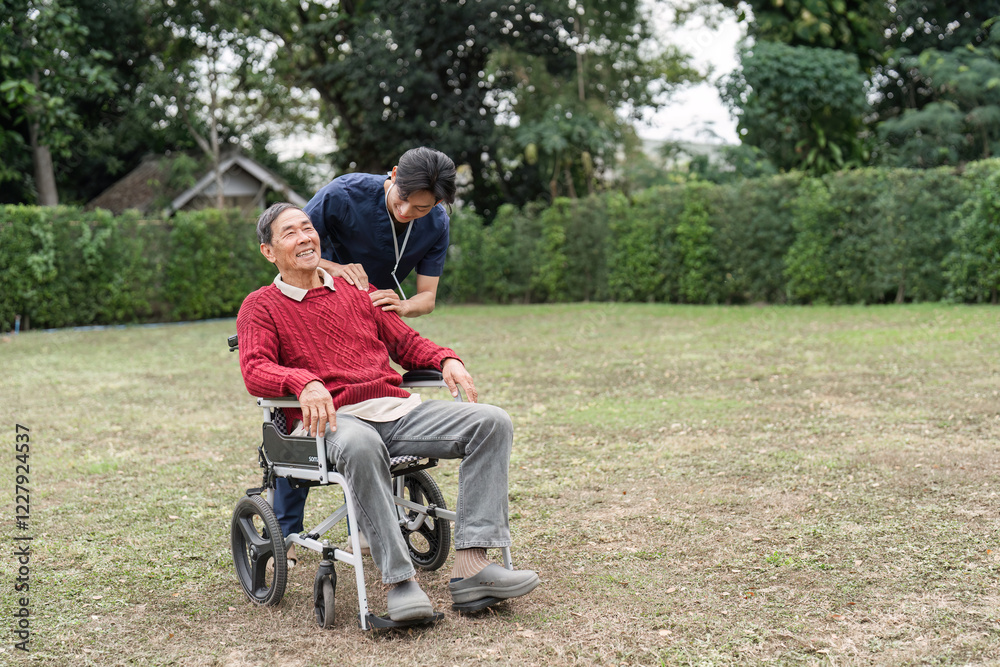 Nursing aide supporting elderly man in wheelchair with warmth and care in a serene outdoor setting Nursing aide supporting elderly man in wheelchair with warmth and care in a serene outdoor setting