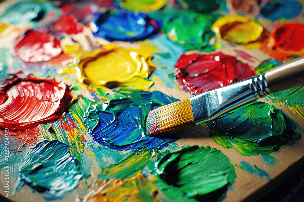Fototapeta premium Vibrant artist's palette showcasing an array of colorful paint blobs with a paintbrush resting nearby on a wooden surface
